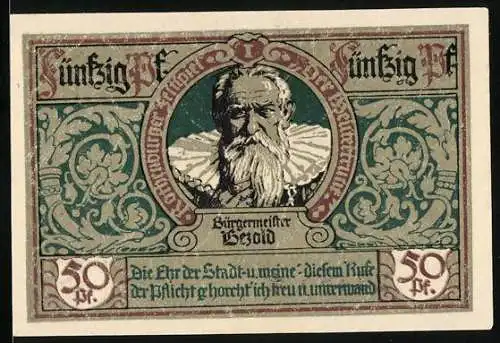 Notgeld Rothenburg ob der Tauber 1921, 50 Pfennig, Bürgermeister Bezold