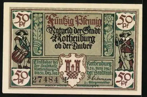 Notgeld Rothenburg ob der Tauber 1921, 50 Pfennig, Bürgermeister Bezold