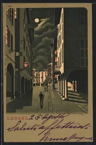 Mondschein-Lithographie Lugano, Strassenpartie mit Passanten