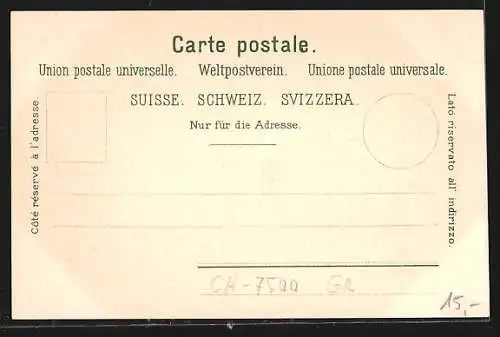 Lithographie St. Moritz, Ortsansicht mit Bergpanorama