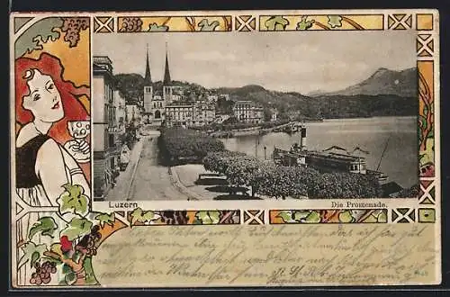 Passepartout-Lithographie Luzern, Dampfer am Anleger an der Promenade