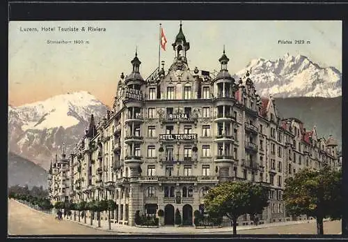 AK Luzern, Hotel Touriste & Riviera mit Pilatus und Stanserhorn