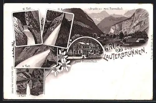 Lithographie Berner Oberland, Aussicht vom Hotel Trümmelbach, Hotel Trümmelbach, I. Fall, II. Fall, III. Fall
