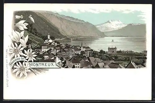 Lithographie Montreux, Totalansicht aus der Vogelschau
