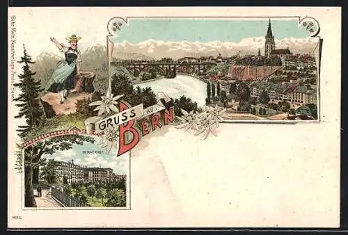 Lithographie Bern, Panorama mit Fluss, Bernerhof