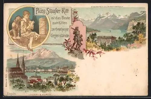Lithographie Luzern, Teilansicht gegen Pilatus, Axenstein und Urirothstock, Reklame für Plüss-Staufer-Kitt
