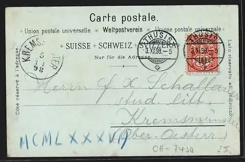 Mondschein-AK Thusis, Ortsansicht mit Bergpanorama