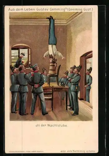 Künstler-AK Gustav Gemming in der Wachtstube, Polizisten bestaunen seinen Trick