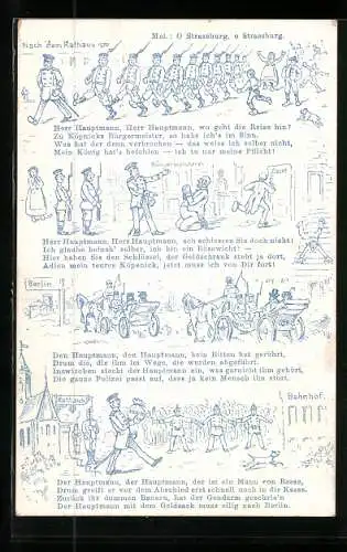 AK Berlin, Soldaten marschieren mit dem Hauptmann, Bahnhof, Rathaus, Text