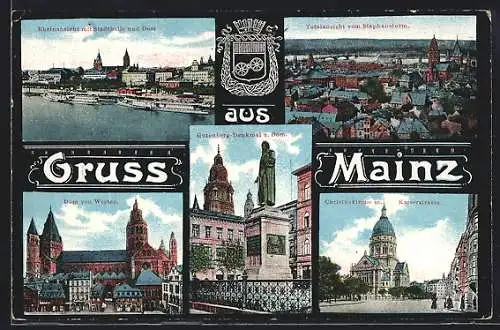 AK Mainz, Rheinansicht mit Stadthalle und Dom, Gesamtansicht vom Stephansturm, Gutenberg-Denkmal und Christuskirche