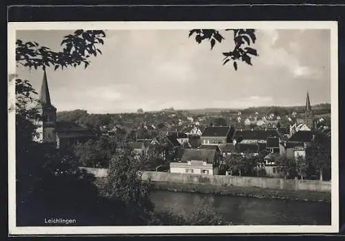 AK Leichlingen, Teilansicht mit Kirchen aus der Vogelschau