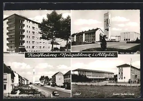 AK Kaufbeuren-Neugablonz, Hochhaus, Strassenpartie mit Herz-Jesu-Kirche