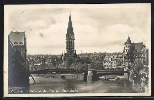 AK Pforzheim, Partie an der Enz mit Stadtkirche