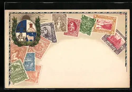 AK Uruguay, Briefmarken, Wappen mit Waage, Pferd, Büffel und Turm