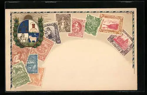 AK Uruguay, Briefmarken, Wappen mit Waage, Pferd, Büffel und Turm