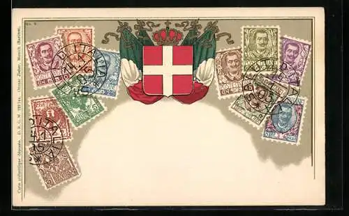 AK Briefmarken aus Italien mit Wappen, Flaggen und Krone