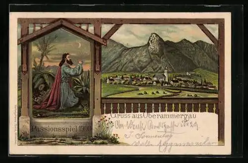 Lithographie Oberammergau, Passionsspiele 1900, Ortsansicht