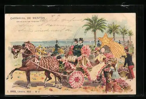 Lithographie Nice, Bataille de Fleurs, Blumenwagen beim Karneval