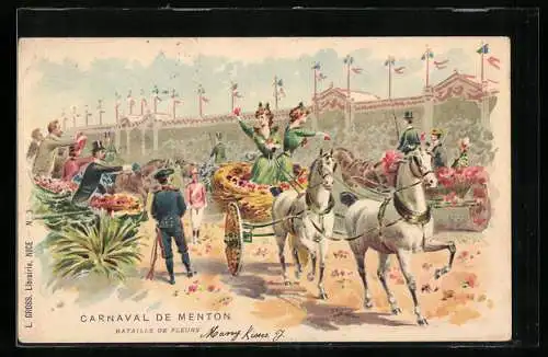 Lithographie Nice, Carneval de Nice, Bataille de Fleurs, Festkutsche