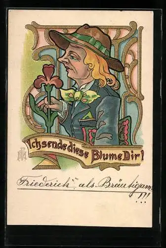 Künstler-AK Frau mit Hut und Blume in der Hand, Jugendstil