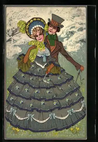 Künstler-AK Dame im Reifrock und Herr mit Zylinder in Landschaft