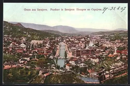 AK Sarajevo, Ortsansicht mit Brücken aus der Vogelschau