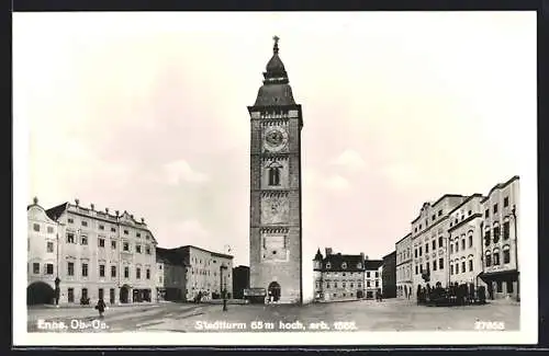 AK Enns /Ob.-Oe., Stadtturm mit Strassenpartie