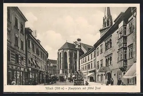 AK Villach, Hauptplatz mit Hotel Post und Kirche