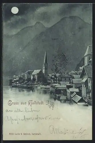 Mondschein-AK Hallstatt, Die Kirche am Wasser