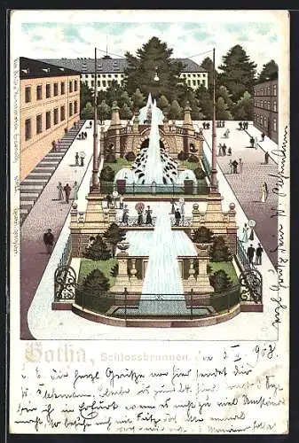 Lithographie Gotha, Blick auf den Schlossbrunnen