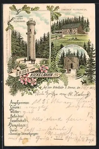 Lithographie Ilmenau, Gabelbach Restaurant, Göthehäuschen, Turm auf dem Kickelhahn