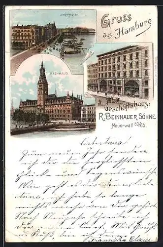 Lithographie Hamburg, Geschäftshaus R. Beinhauer Söhne, Neuerwall 63, Rathaus, Jungfernstieg