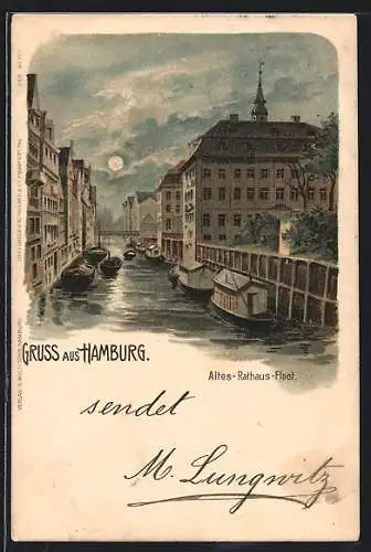 Lithographie Hamburg, Altes-Rathaus-Fleet im Mondschein