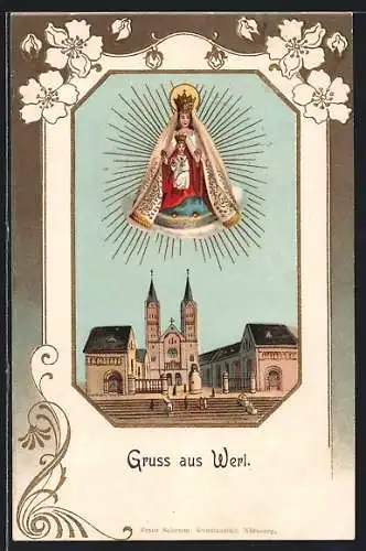 Lithographie Werl, Kirche und Madonna im Blumen-Passepartout