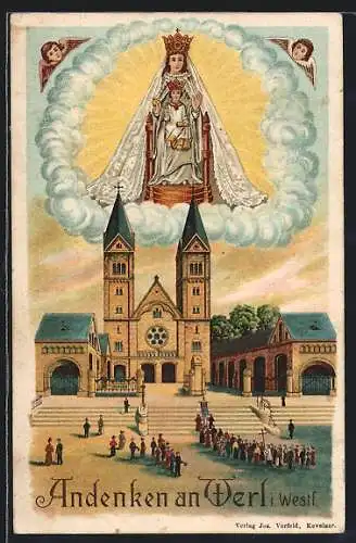 Lithographie Werl i. Westf., Prozession vor der Kirche