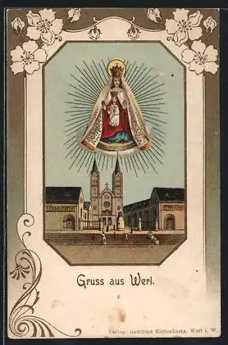 Lithographie Werl, Kirche mit Madonna