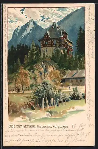 Lithographie Oberammergau, Blick auf das Hillernschlösschen