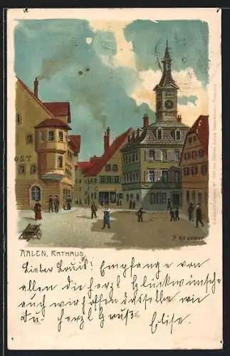 Lithographie Aalen, Rathaus im Sonnenschein