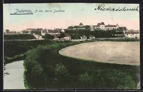 AK Judenau /N.-Oe., Flusspartie mit Ortspanorama