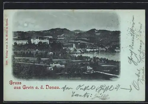 Mondschein-AK Grein a. d. Donau, Ortsansicht mit Gewässer und Bergpanorama aus der Vogelschau