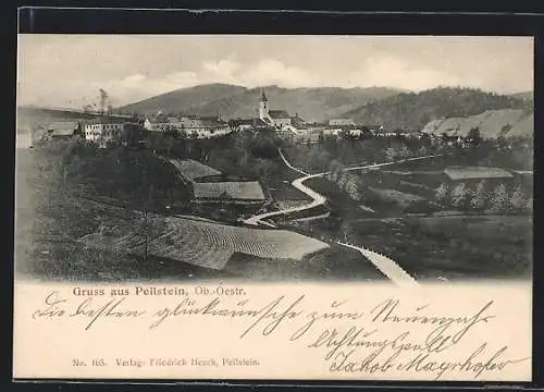 AK Peilstein /O. Ö., Ortsansicht mit Landstrasse und Bergpanorama aus der Vogelschau