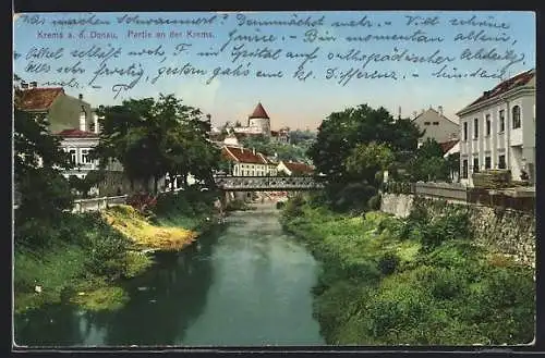 AK Krems a. d. Donau, Ortsansicht mit Brücke über die Krems