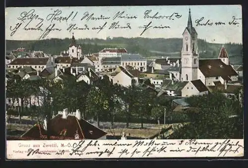AK Zwettl /N.-Ö., Teilansicht mit Kirche
