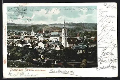 AK Zwettl, Blick zum Ort mit Kirche um 1900