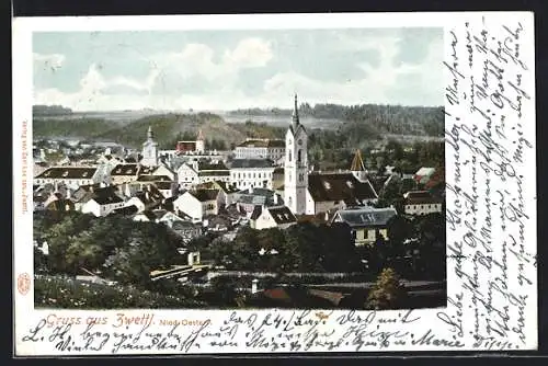 AK Zwettl, Blick zum Ort mit Kirche um 1900