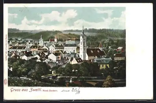 AK Zwettl, Blick zum Ort mit Kirche um 1900