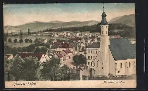 Künstler-AK Antiesenhofen, Teilansicht mit Kirche