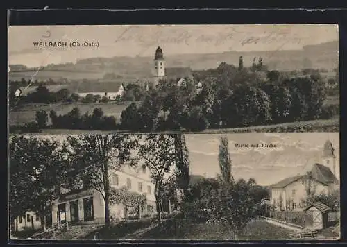 AK Weilbach /Ob.-Östr., Gemischtwarenhandlung, Kirche, Ortspartie