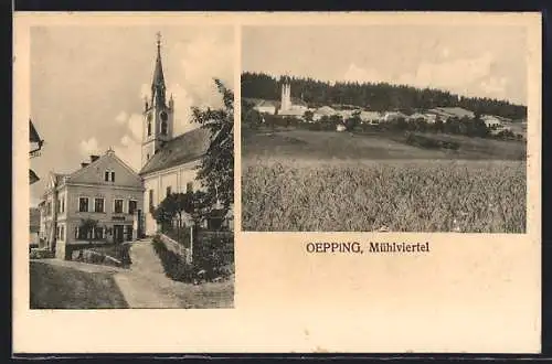 AK Oepping i. Mühlviertel, Teilansicht mit Kirchturm, Ortspanorama