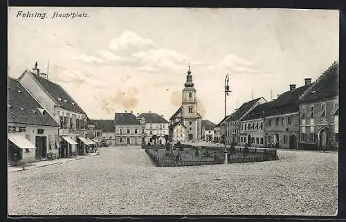 AK Fehring, Hauptplatz mit Geschäften und Kirche